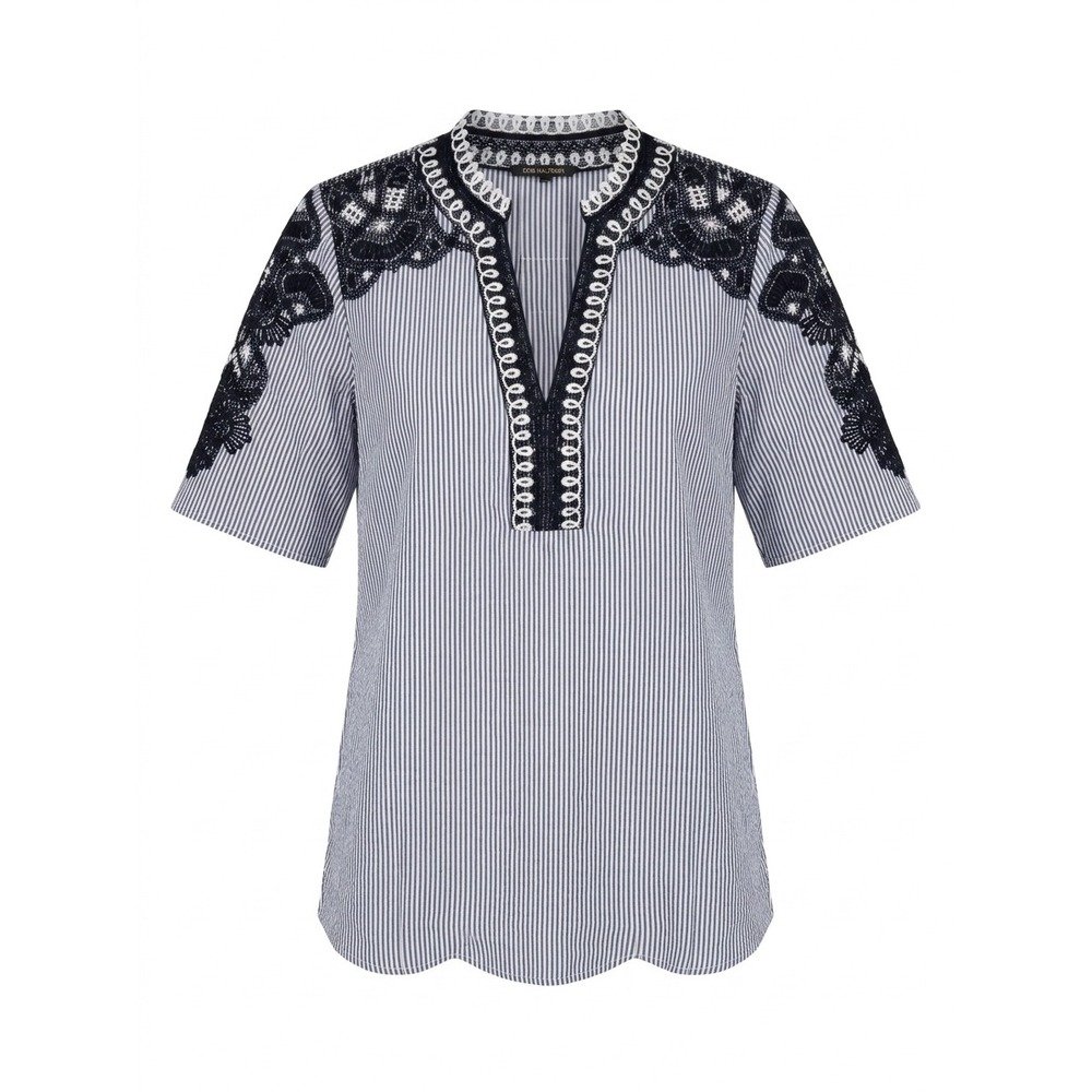 Kobi Halperin Blue White Striped Lace Applique Split Neck Tunic Top Large KS8B33